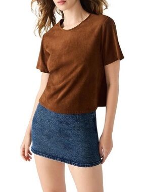 Steve Madden Ezra Faux Suede Crew Neck Short Sleeve Top Chicory Coffee Brown M